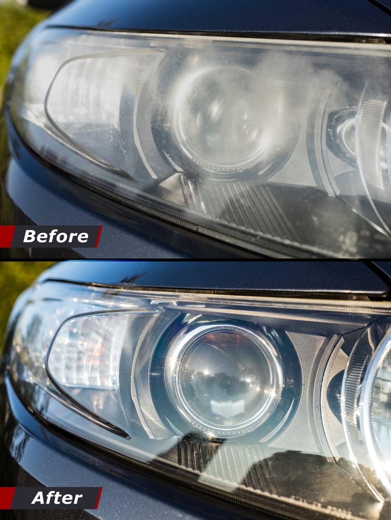 Koplamp restauratie voor en na: vergeelde doffe koplamp versus heldere gepolijste koplamp