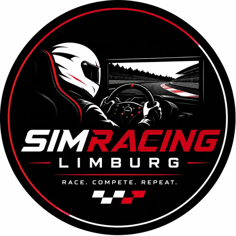 Sim Racing Limburg logo with race car driver in helmet and cockpit view on track