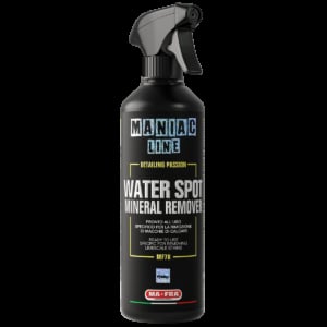 Black spray bottle of Maniac Detailer water spot mineral remover with trigger sprayer on dark background