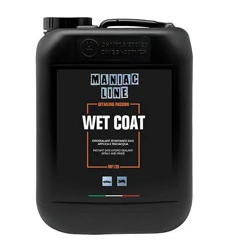 Black plastic canister of Maniac Line Wet Coat car detailing product with white label and orange accent design