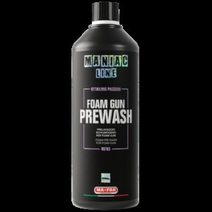 Black bottle of Maniac Foam Gun Prewash detailing product with white label and red base