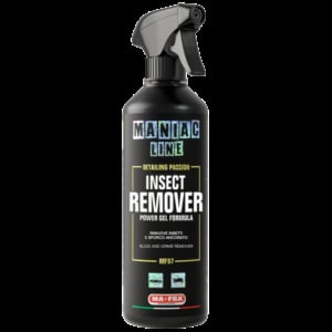 Black spray bottle of Maniac Detailing insect remover with trigger sprayer on dark background