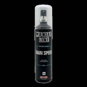 Black aerosol spray bottle labeled Rain Speed by Guardrails Gold against black background