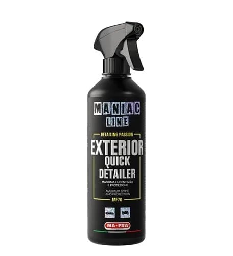 Black spray bottle of Maniac Line Exterior Quick Detailer car cleaning product with trigger sprayer